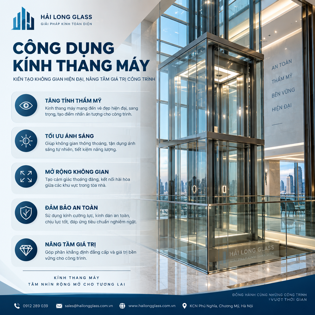 Infographic giới thiệu công dụng của kính trong thang máy