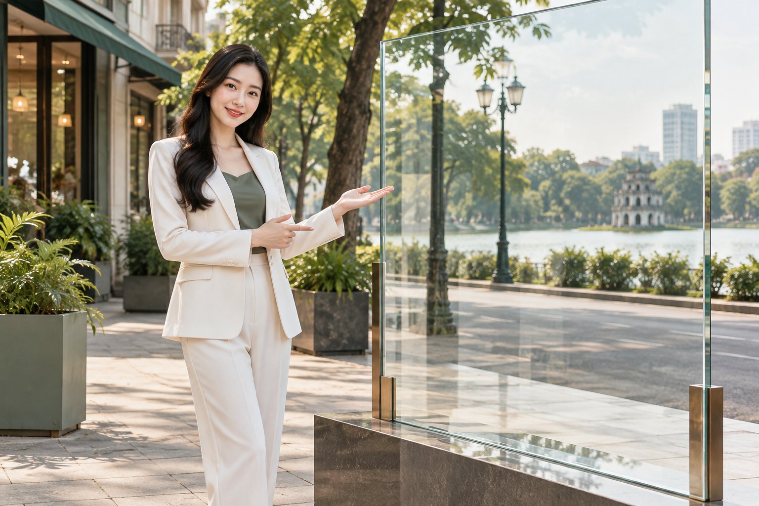 Tấm kính lớn đặt trong không gian sáng với cảnh quan cây xanh phía sau