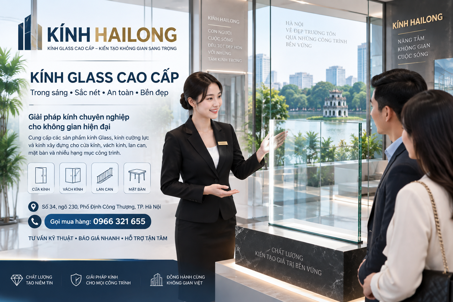 Chuyên viên tư vấn khách hàng về sản phẩm kính tại showroom