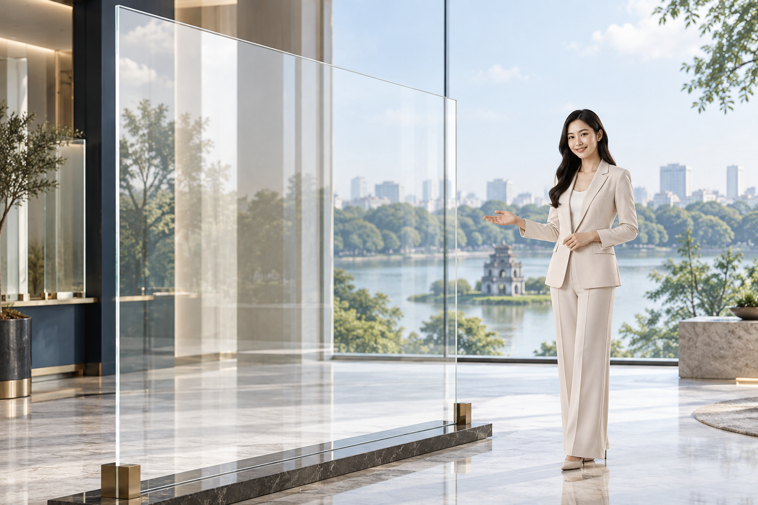 Vách kính trong suốt với chân đế kim loại trong không gian nội thất hiện đại