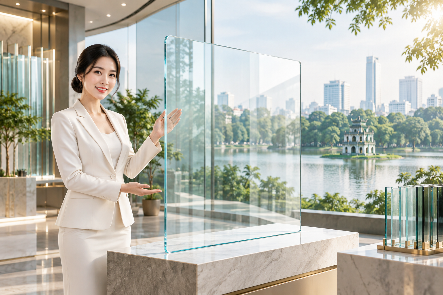 Tấm kính trong suốt được trưng bày cạnh không gian cây xanh và mặt hồ ban ngày