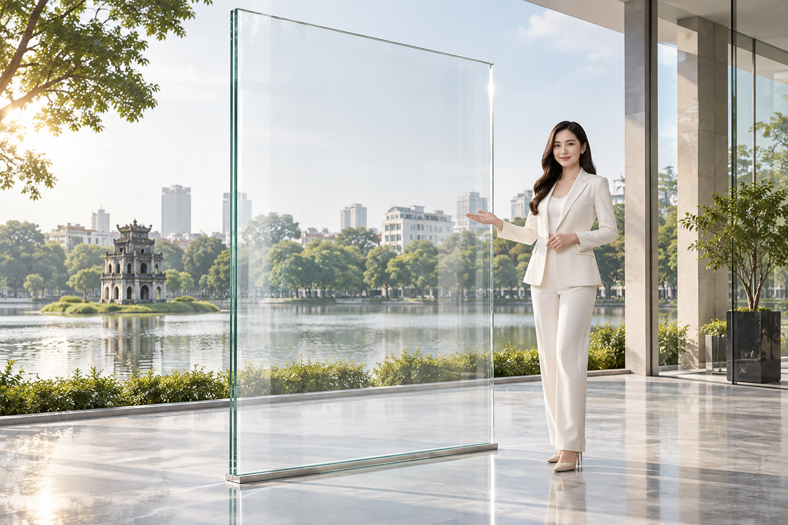 Tấm kính trong lớn cạnh kiến trúc hiện đại dưới nắng tự nhiên