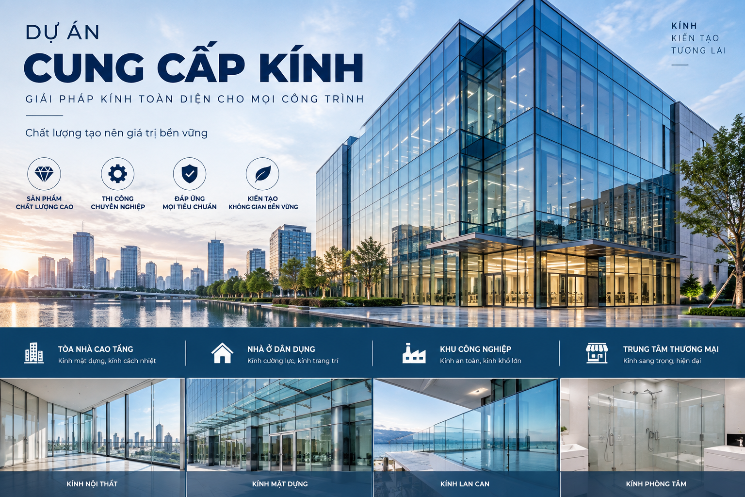Infographic giới thiệu các hạng mục cung cấp kính cho nhiều loại công trình