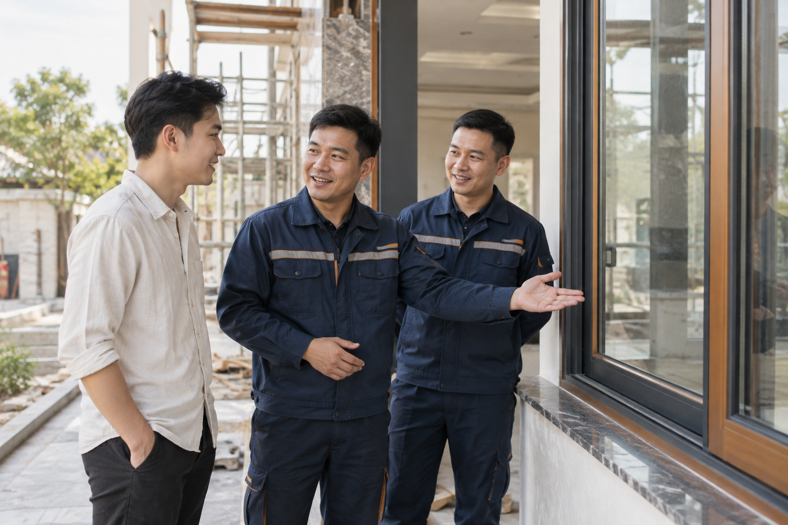 Nhân viên tư vấn trao đổi cùng khách hàng tại công trình cửa kính