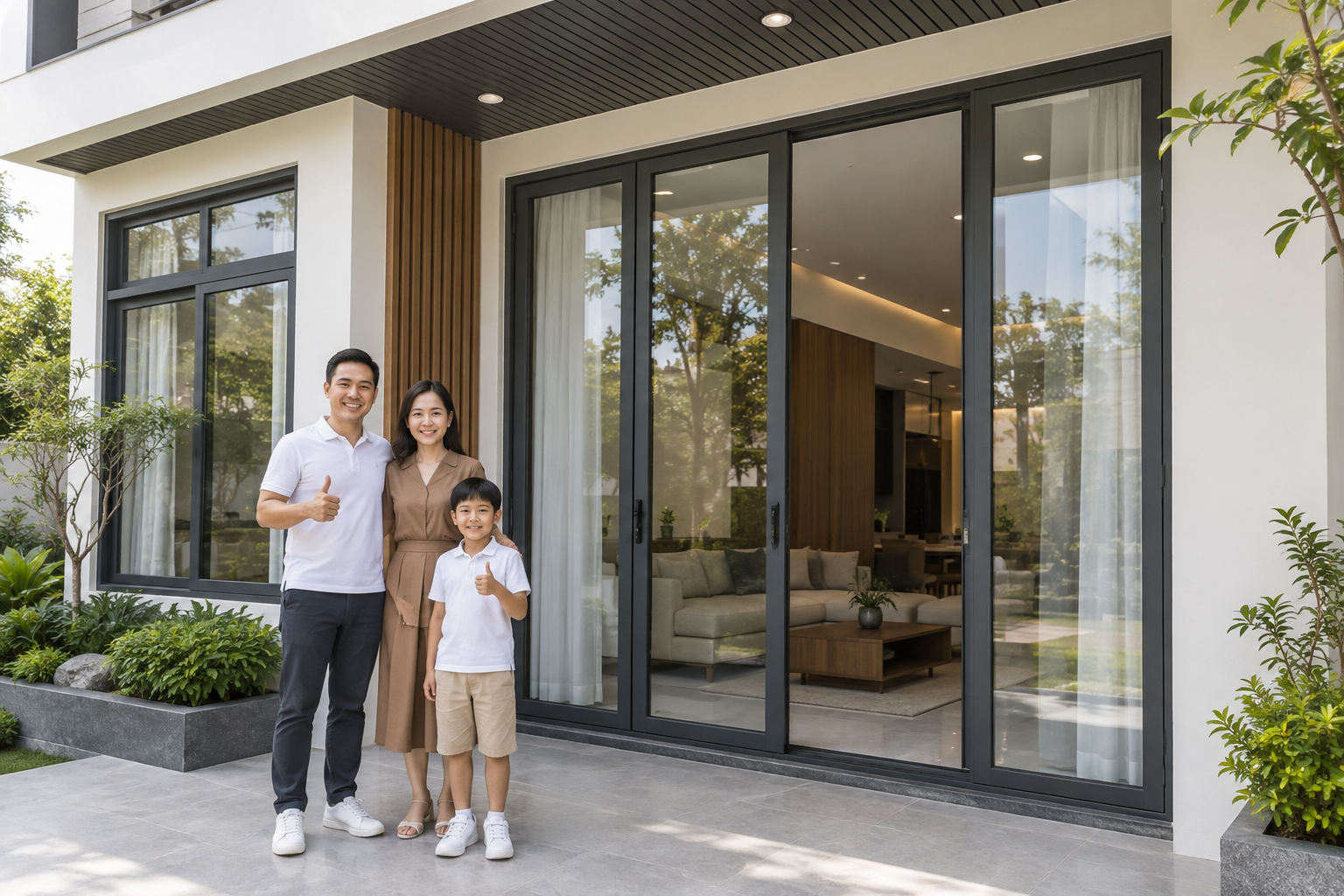 Gia đình đứng trước ngôi nhà có cửa kính khung tối màu