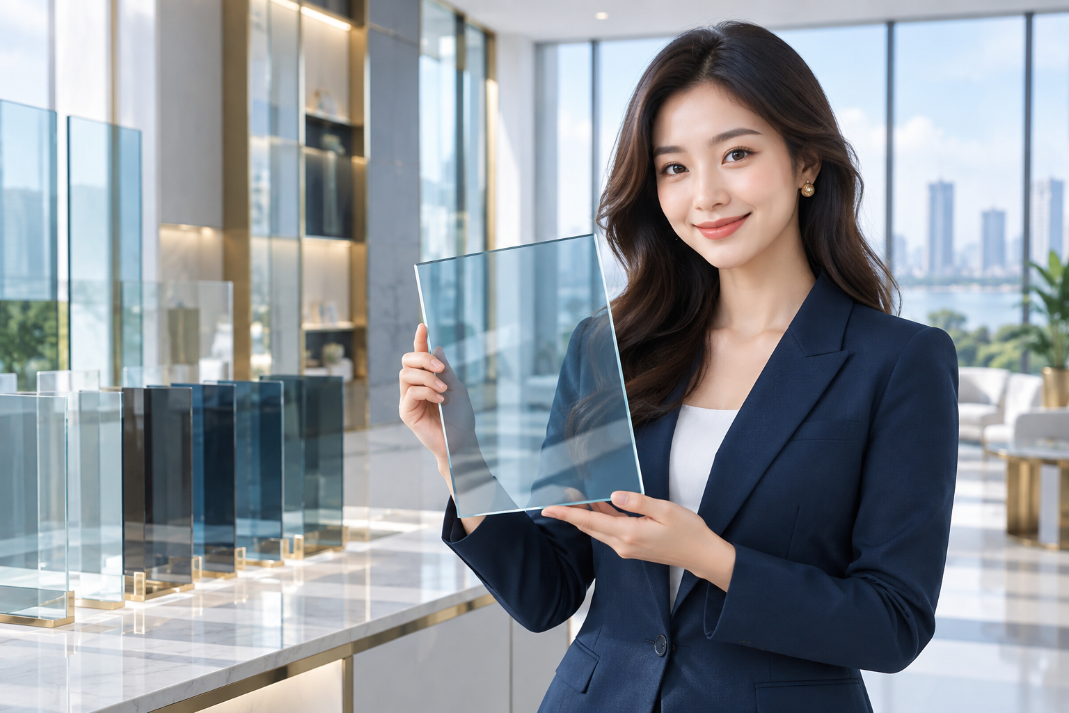 Khách hàng tham khảo mẫu kính trong không gian trưng bày sáng tự nhiên