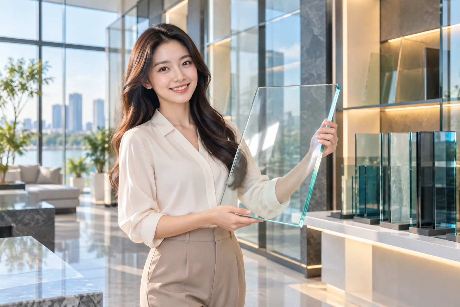 Tư vấn viên giới thiệu tấm kính trong không gian trưng bày