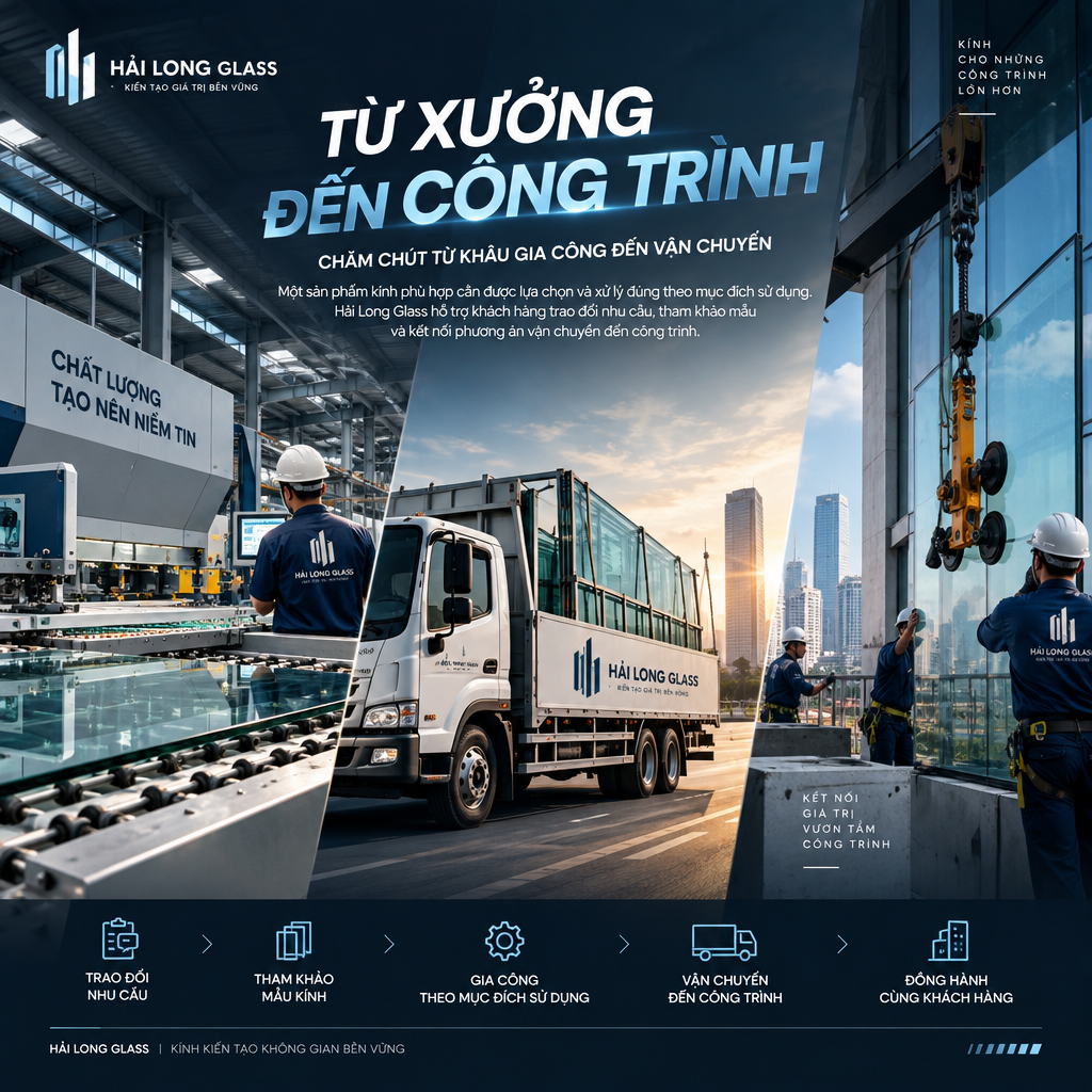 Hình minh họa quy trình từ xưởng gia công đến công trình lắp đặt kính