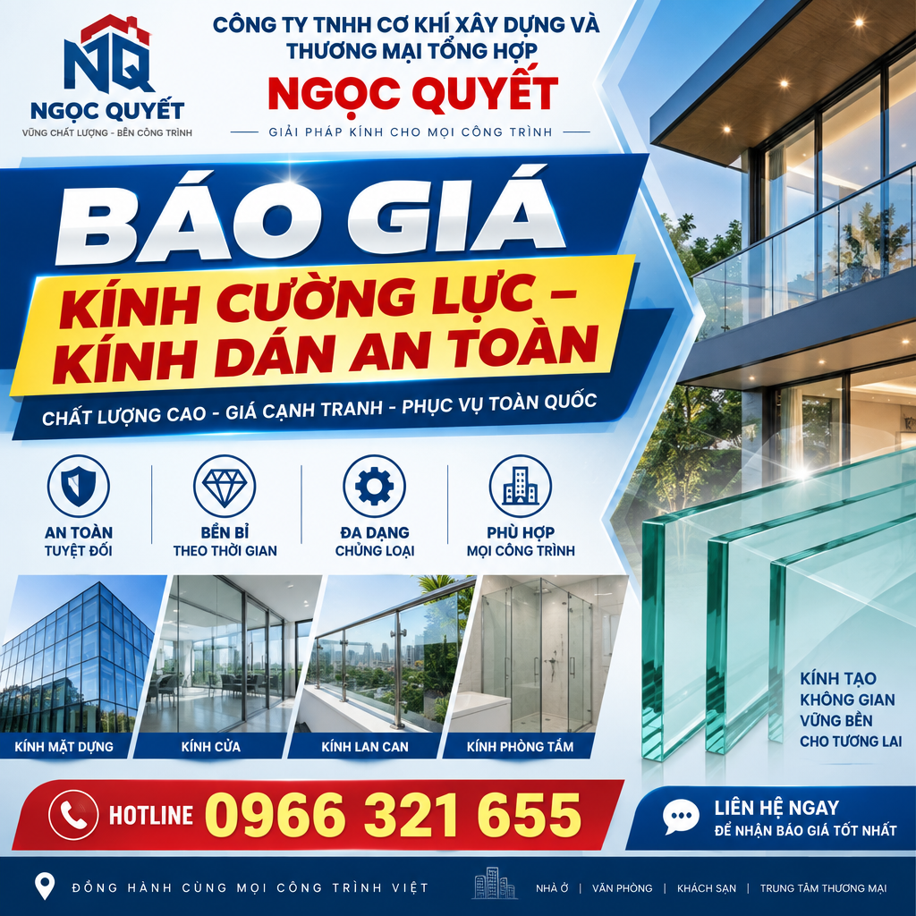 Kính cường lực và kính dán an toàn Ngọc Quyết cho cửa, lan can, phòng tắm và mặt dựng công trình