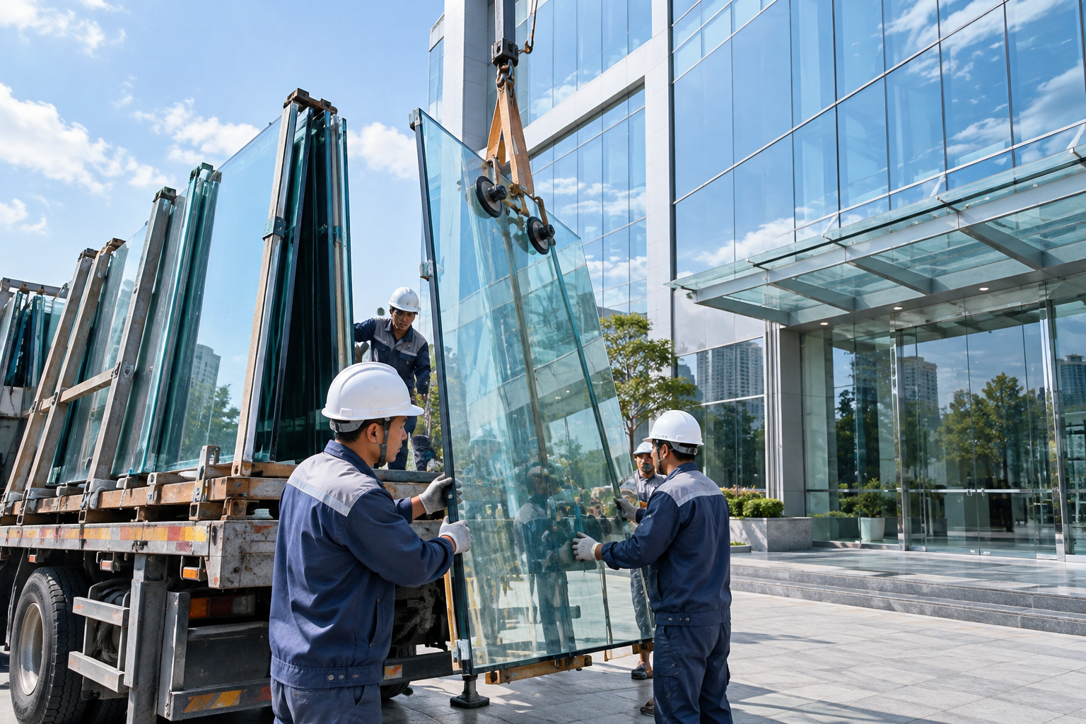 Đội ngũ kỹ thuật nâng và lắp đặt tấm kính lớn tại mặt tiền công trình trong ánh sáng ban ngày
