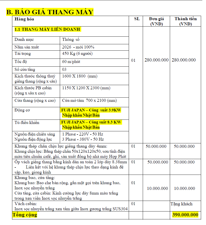 Price list for a joint venture elevator with a FUJI Japan 3.9KW motor and an 8.3KW control cabinet: total 390 million VND.