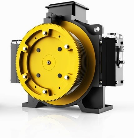 The gearless elevator motor is yellow and black against a white background.