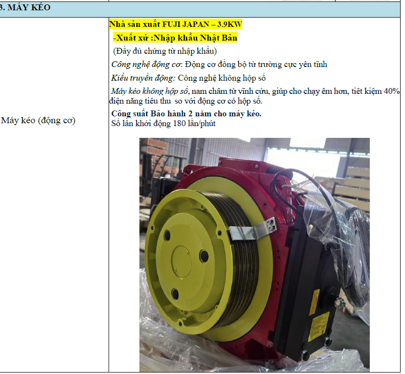 The FUJI Japan 3.9kW elevator traction motor, yellow and red in color, is installed inside the workshop.