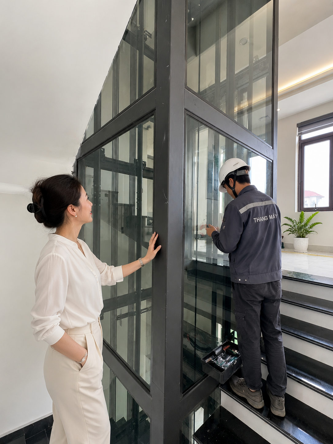 A technician is maintaining an indoor glass elevator in a residential building, while a customer stands nearby and observes.