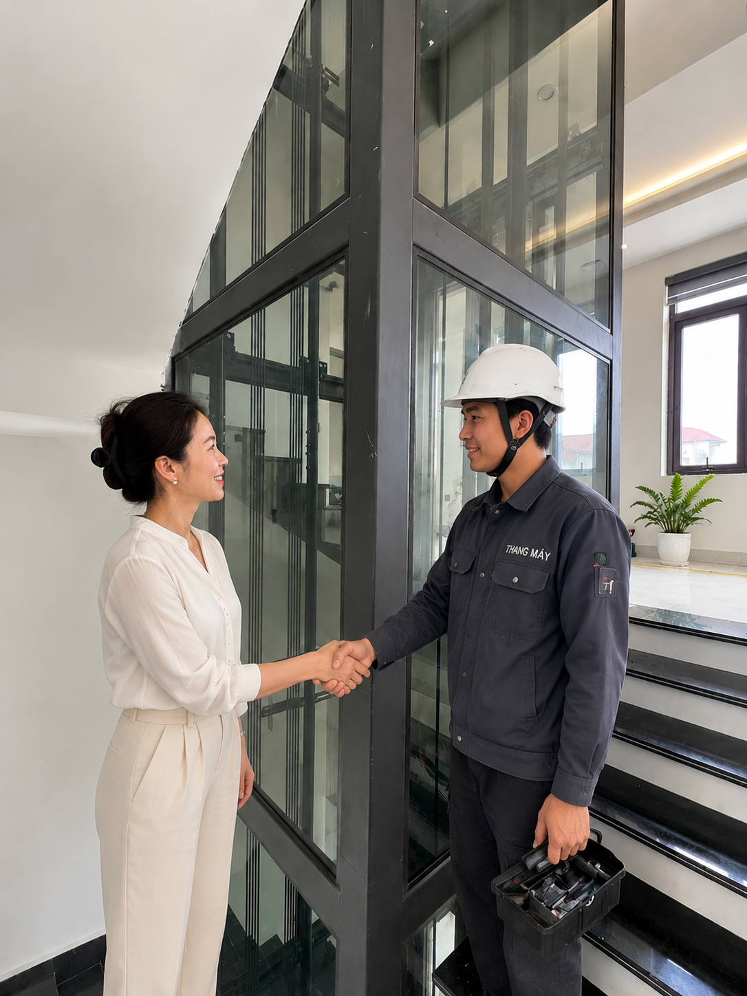Elevator technicians shake hands with customers next to a modern steel-framed glass home elevator.