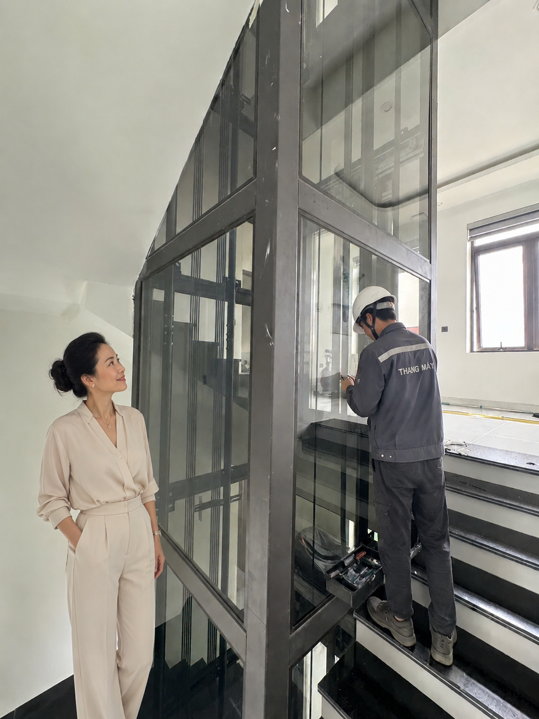 Technicians install an indoor glass elevator, while a female customer stands nearby observing.