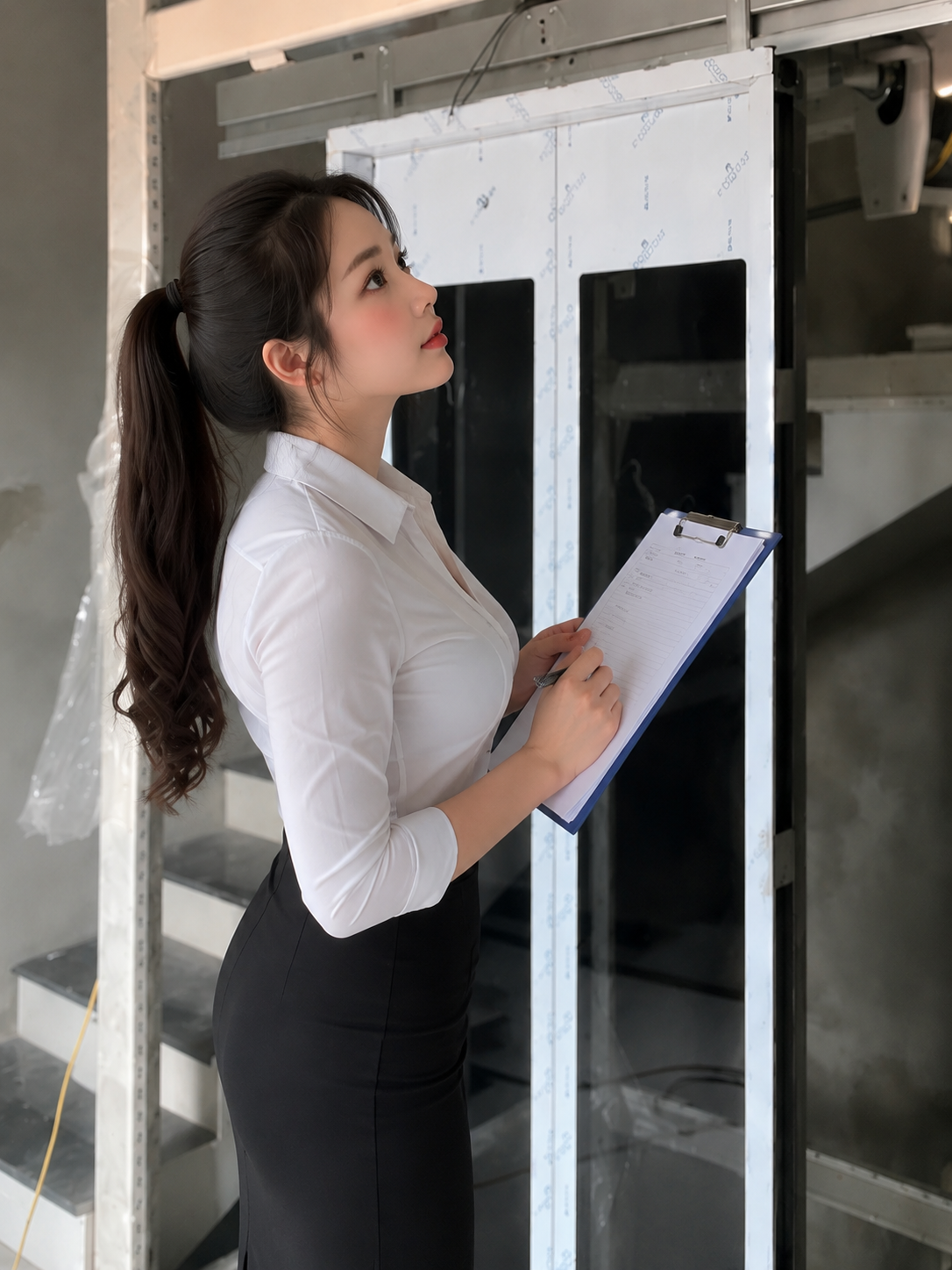 The technician inspects the elevator under installation and makes notes on the file folder.