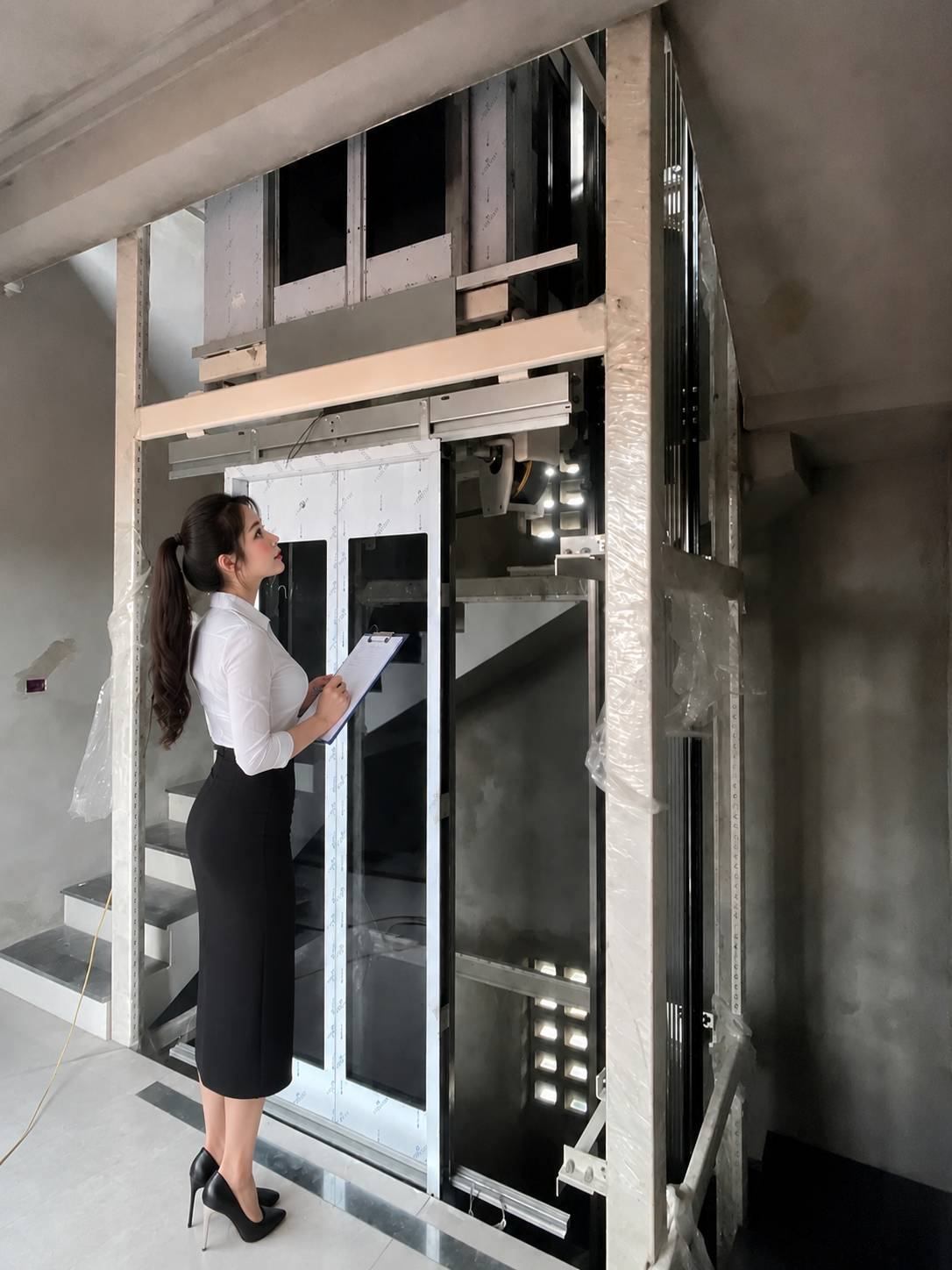 Engineers inspect a home elevator being installed in a multi-story house.