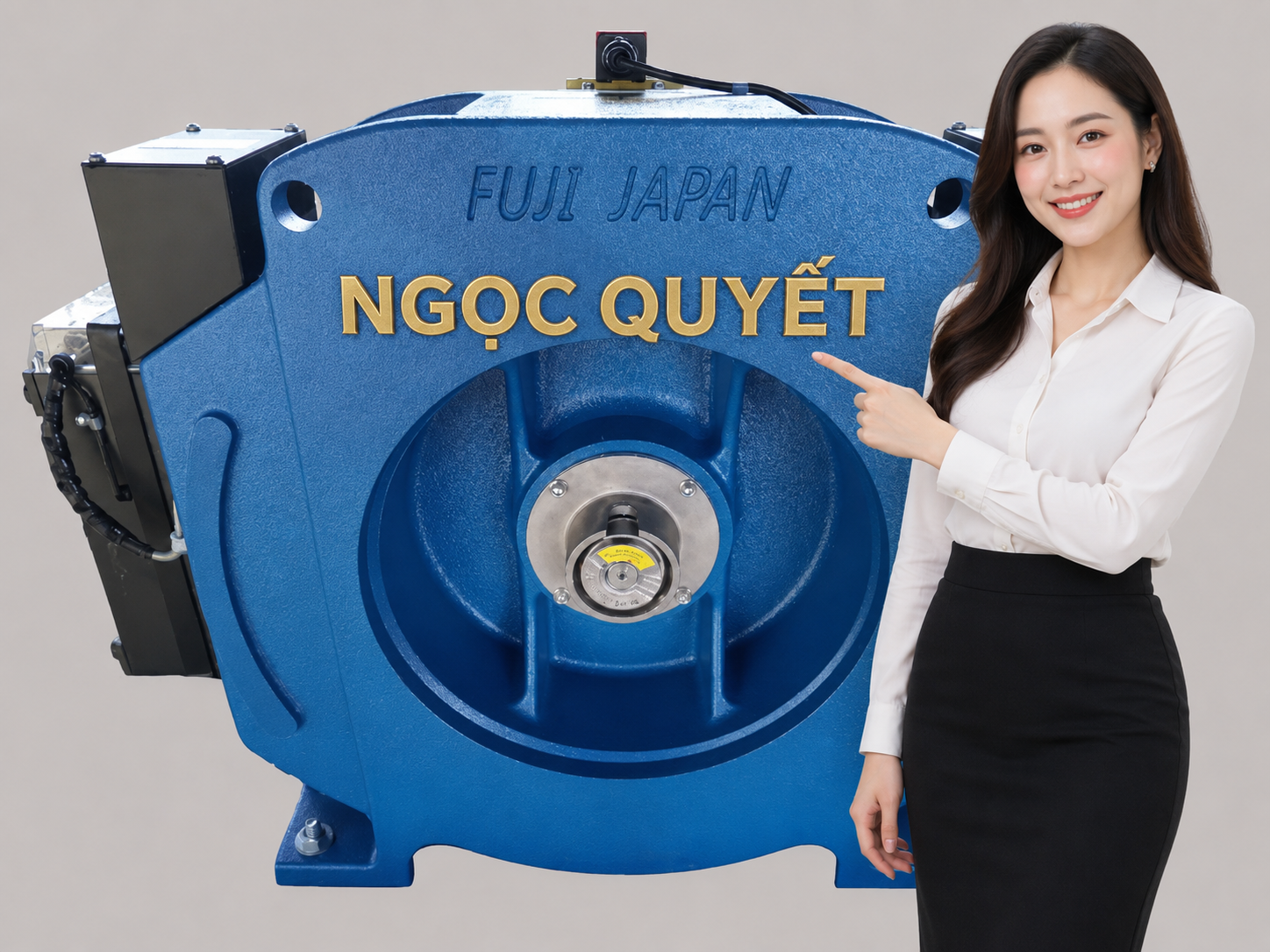 Máy kéo thang máy Fuji Japan màu xanh thương hiệu Ngọc Quyết và nữ nhân viên giới thiệu sản phẩm