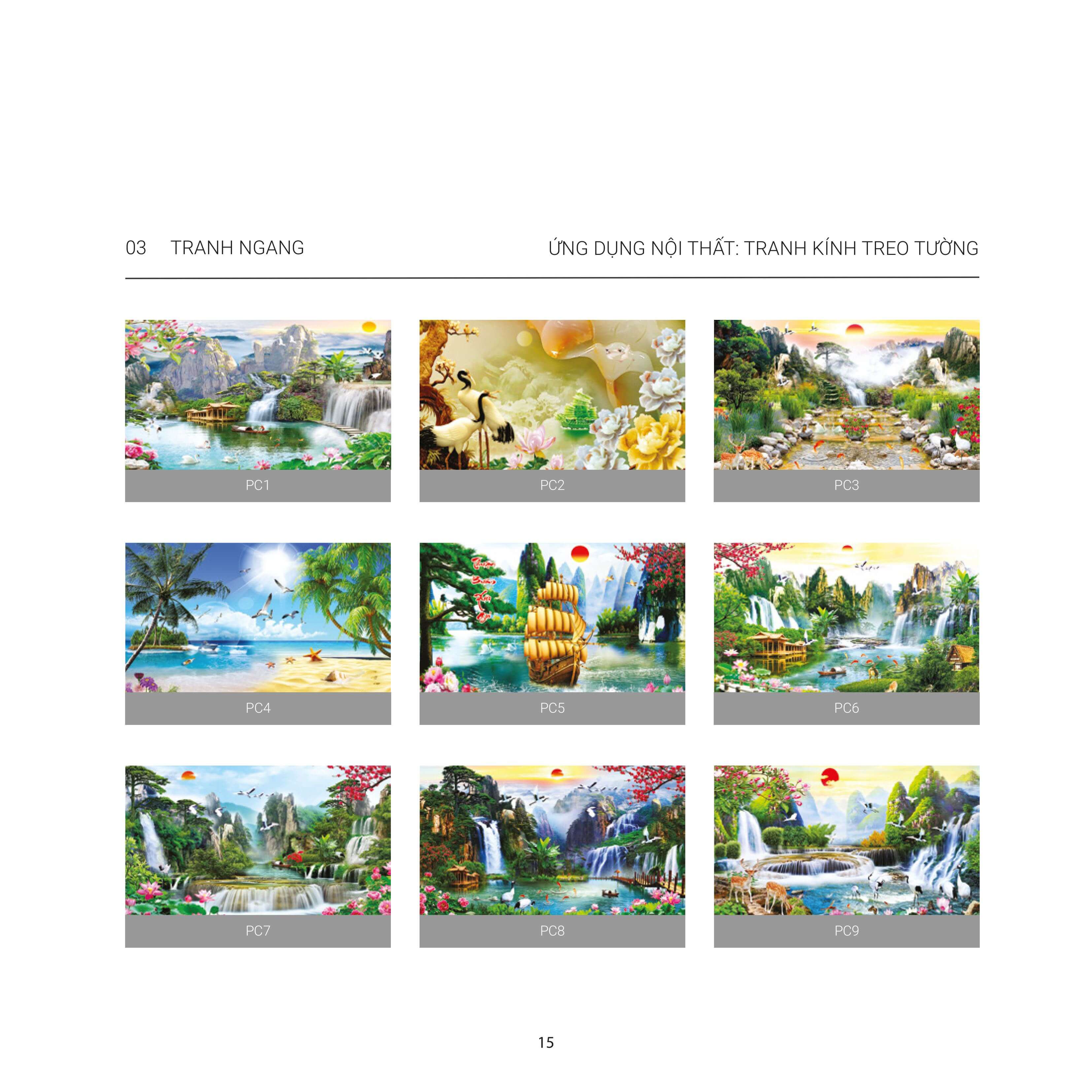 Bộ sưu tập tranh kính treo tường phong cảnh thiên nhiên nhiều thác nước, núi non và hoa lá rực rỡ