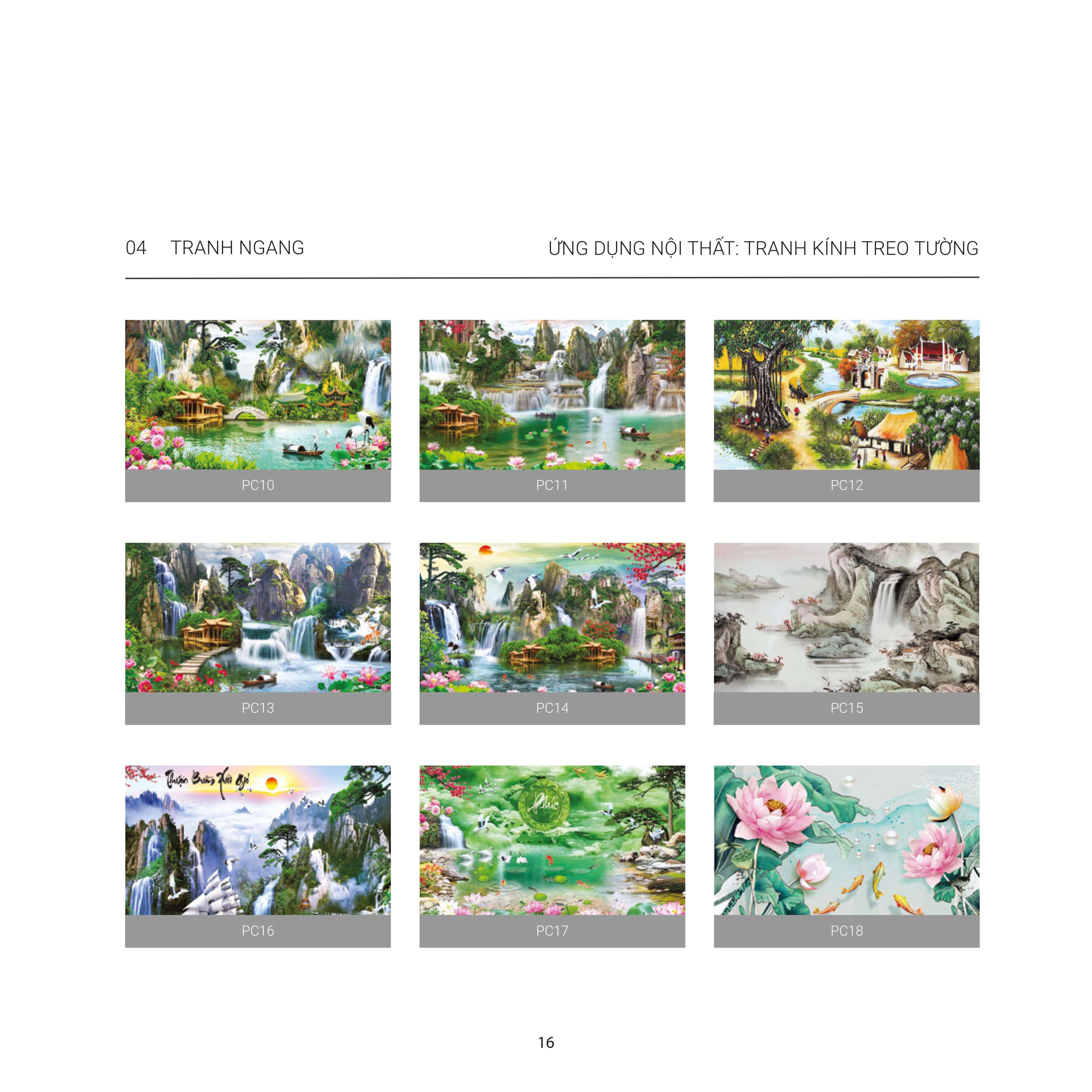 Catalogue of stained glass wall art featuring natural landscapes and lotus flowers, codes PC10 to PC18