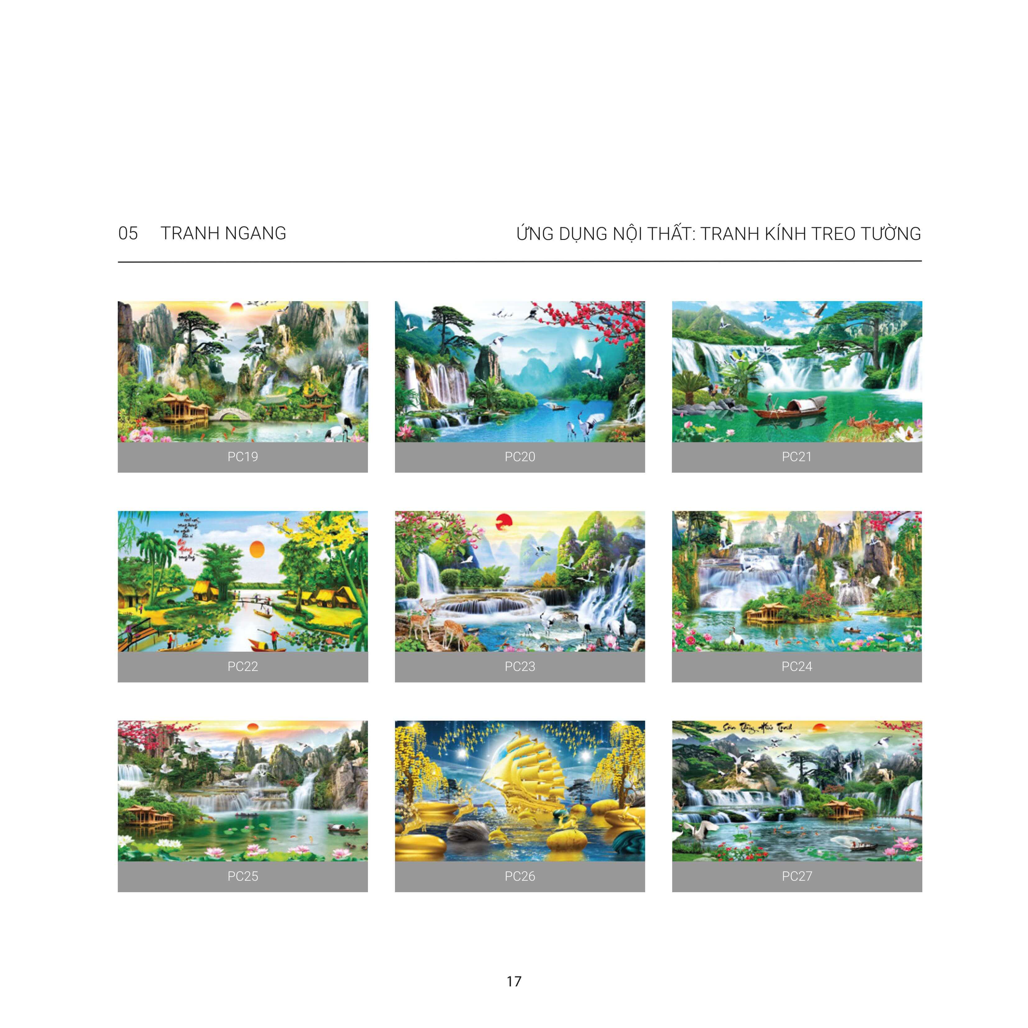 Catalogue of stained glass wall art featuring natural landscapes, waterfalls, and golden boats (PC19 to PC27)