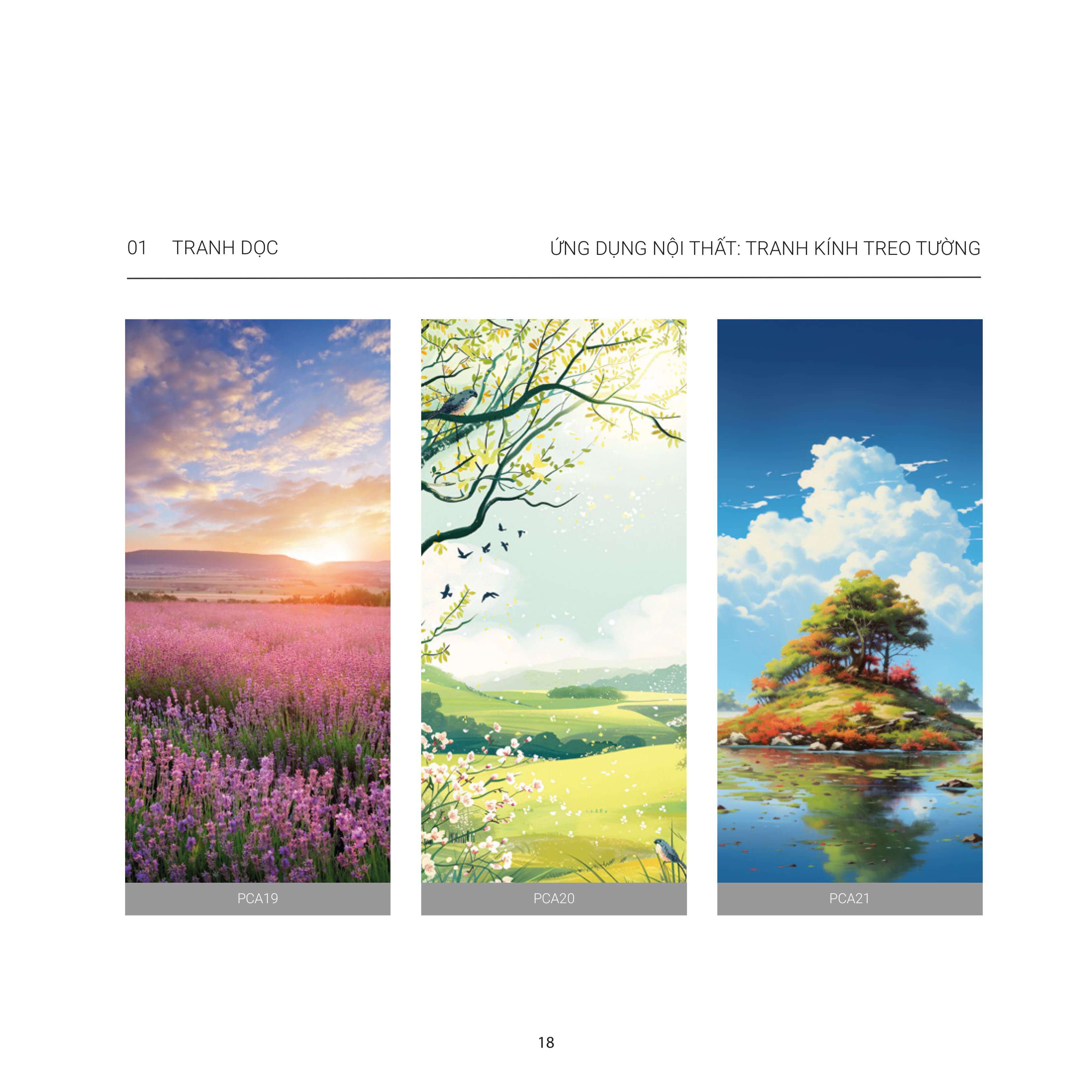 A set of stained glass wall art depicting a natural landscape with a field of flowers, grassy hills, and a green island on the lake.