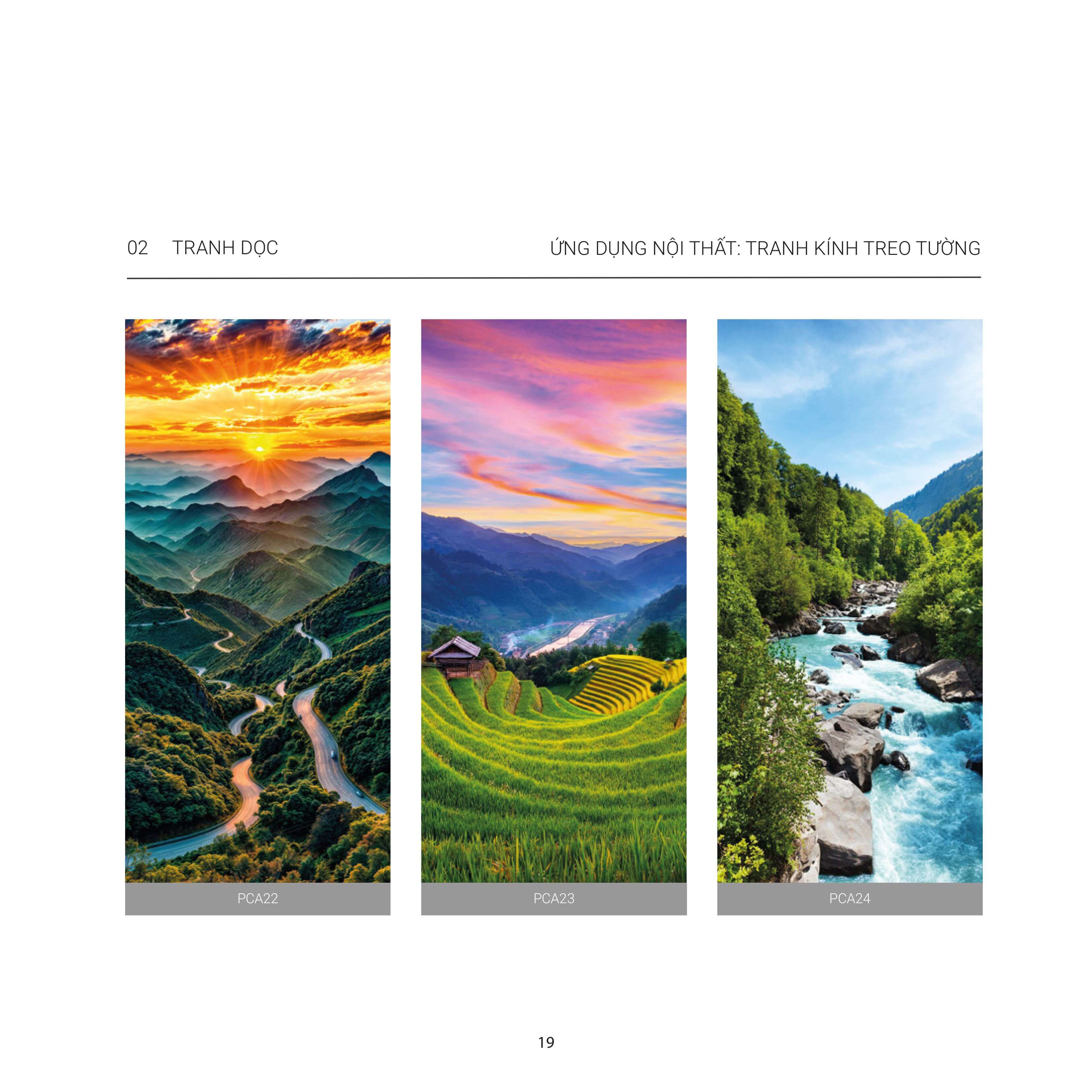 A set of stained glass wall art depicting mountain landscapes, terraced fields, and rocky streams for interior decoration.