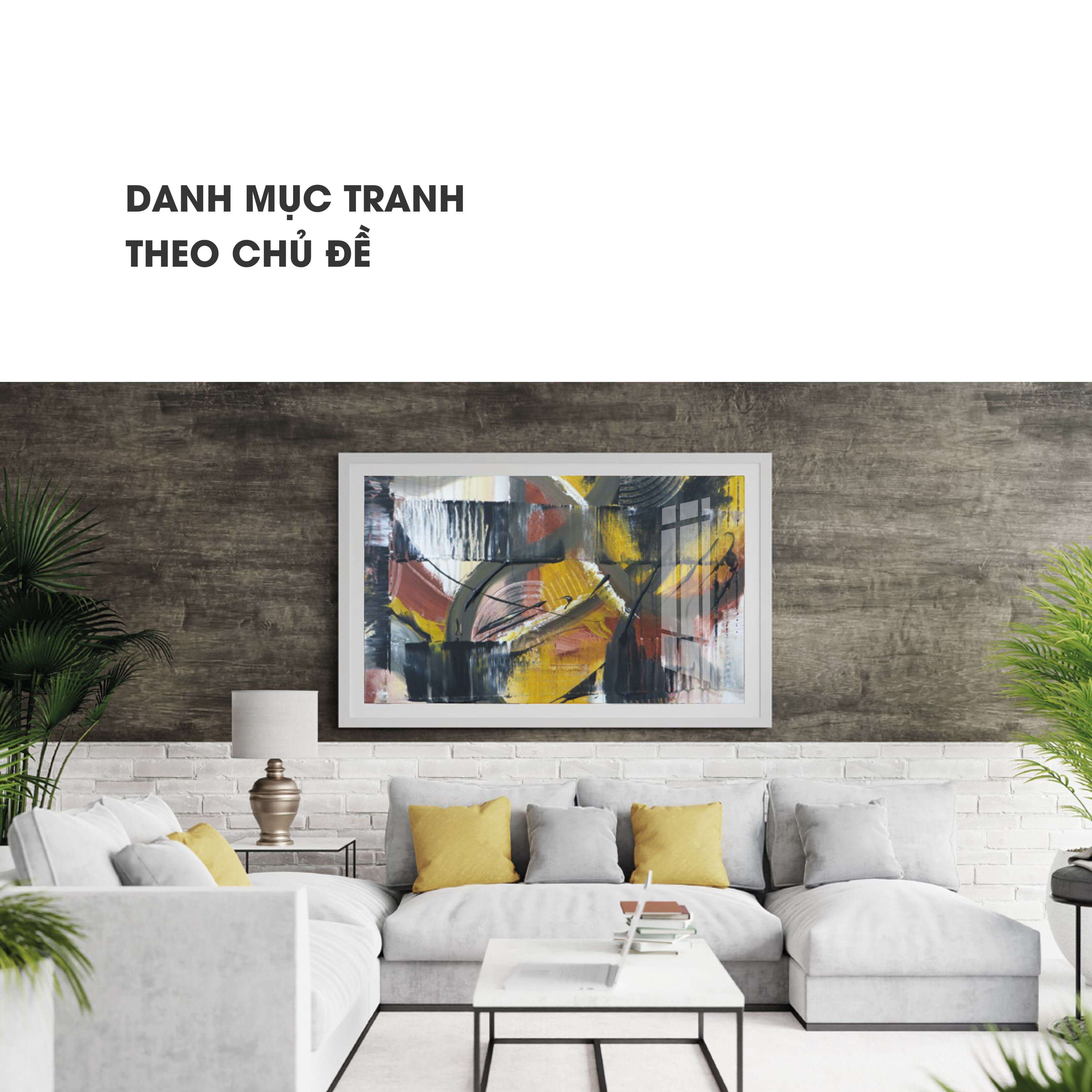 Tranh trừu tượng khung trắng treo trên tường phòng khách hiện đại với sofa xám và gối vàng