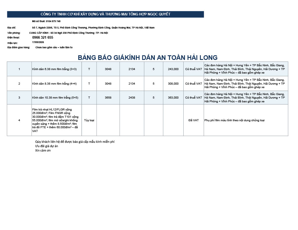 Bảng báo giá kính dán an toàn Hải Long, gồm thông tin doanh nghiệp, quy cách kính và đơn giá