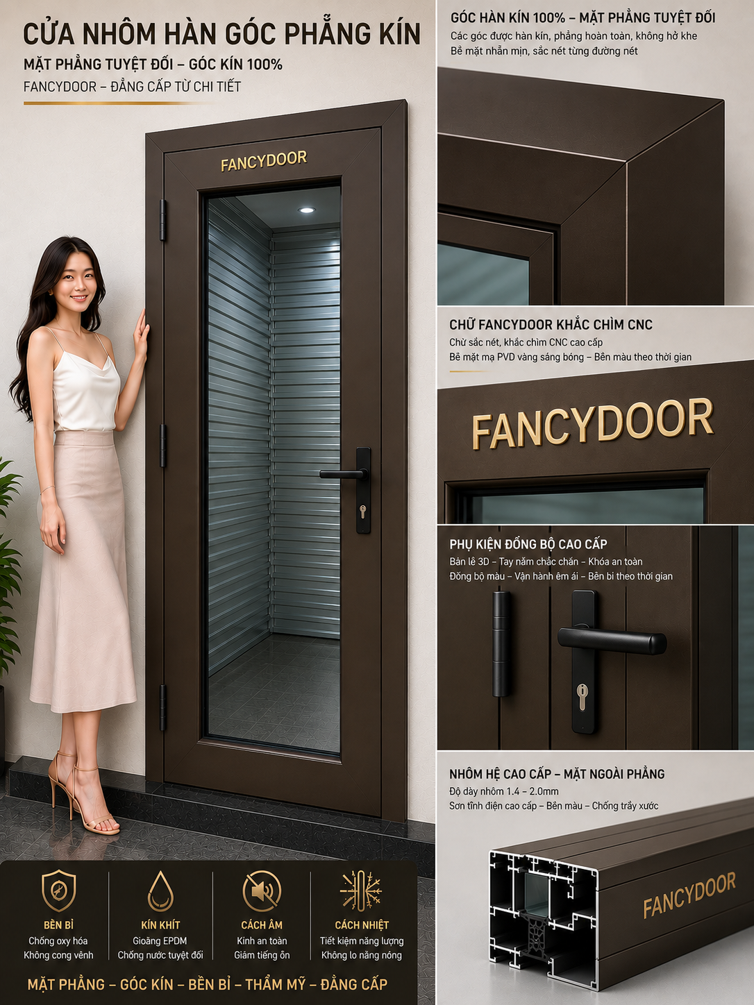 Cửa nhôm hàn góc phẳng kín FANCYDOOR màu nâu kính lớn, tay nắm đen cao cấp, thiết kế hiện đại sang trọng
