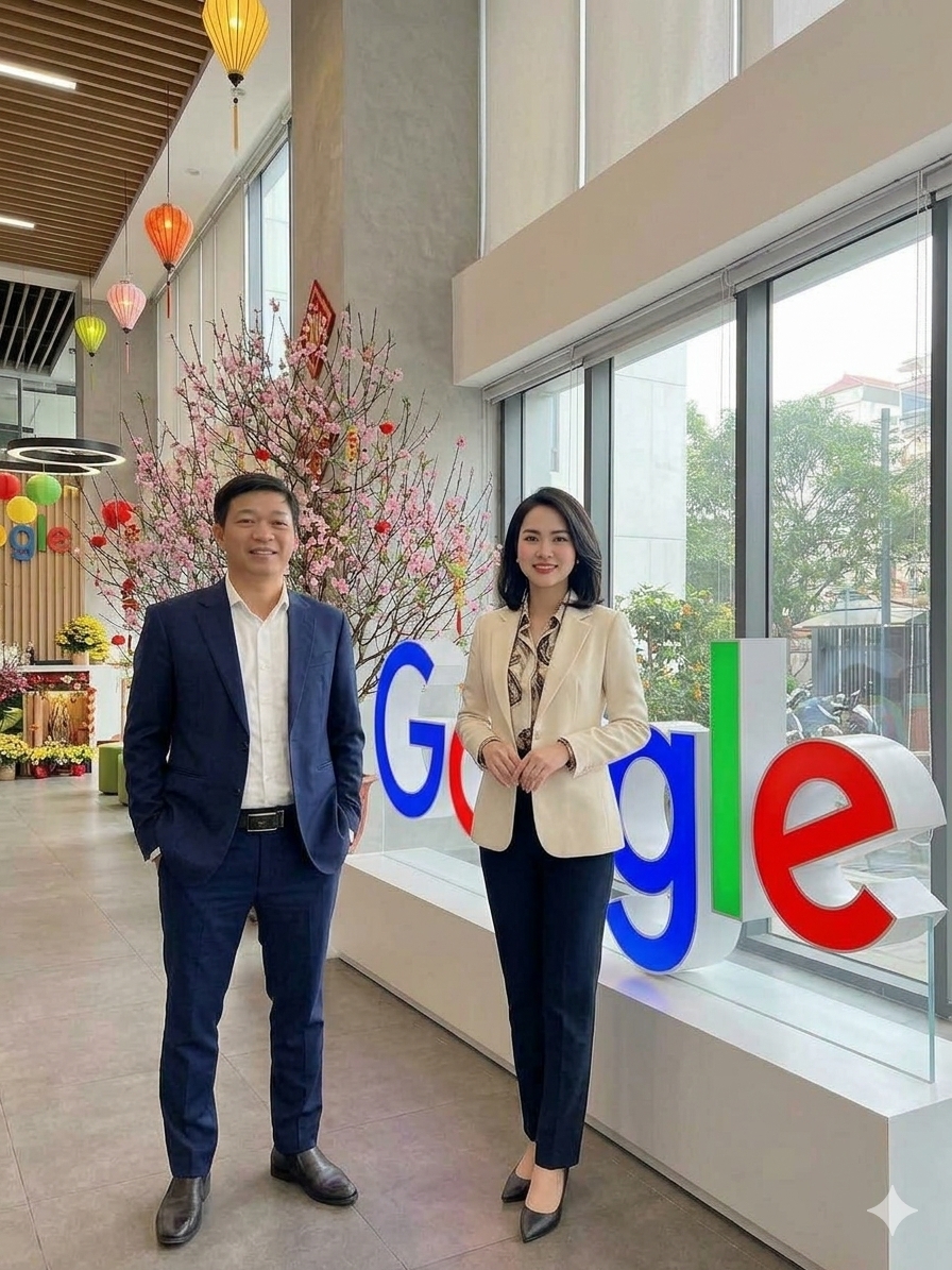 Hai người đứng cạnh logo Google trong văn phòng trang trí cành hoa đào ngày Tết