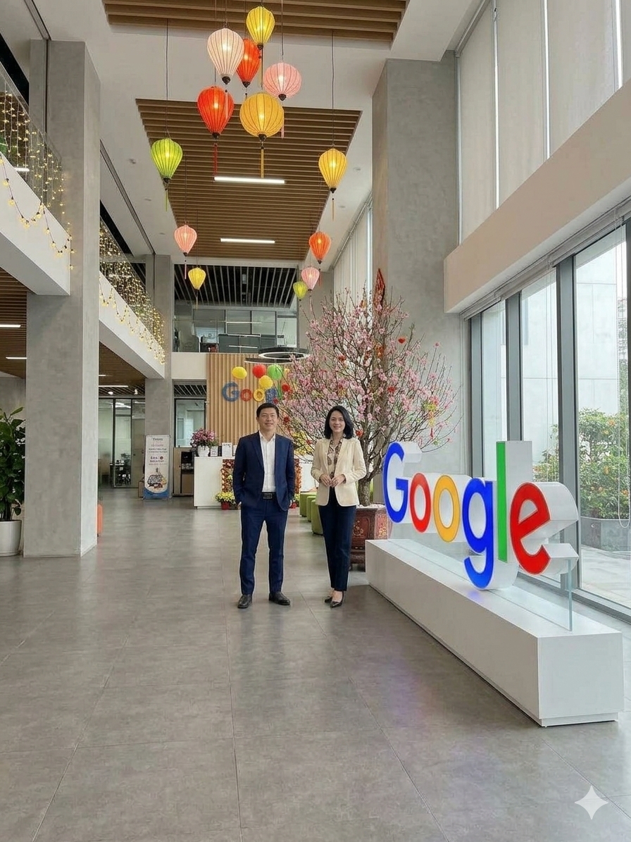 Biểu tượng Google nhiều màu đặt trong sảnh văn phòng, cạnh hai người và cây hoa mai trang trí Tết
