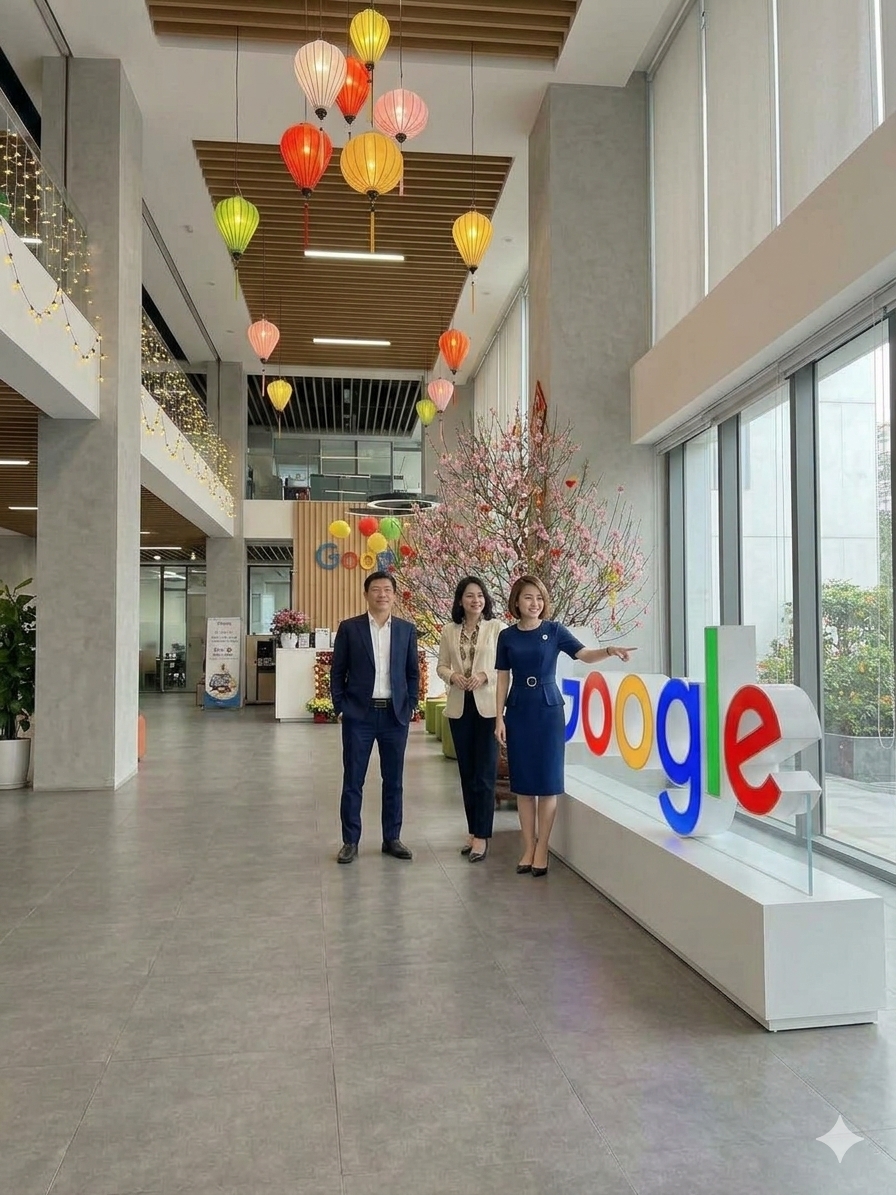 Biểu tượng chữ Google nhiều màu đặt trong sảnh trang trí đèn lồng và hoa đào, ba người đứng bên cạnh