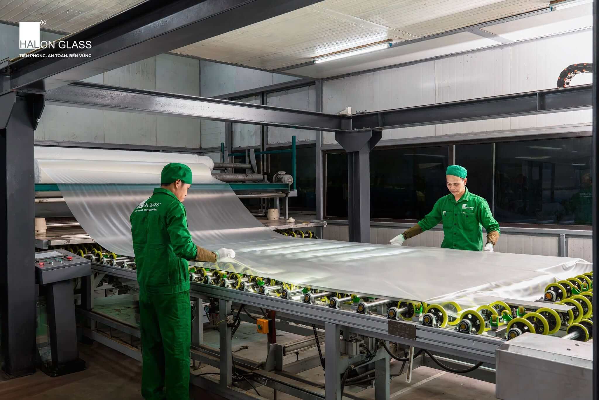 Nhân viên phối hợp đưa kính qua dây chuyền con lăn