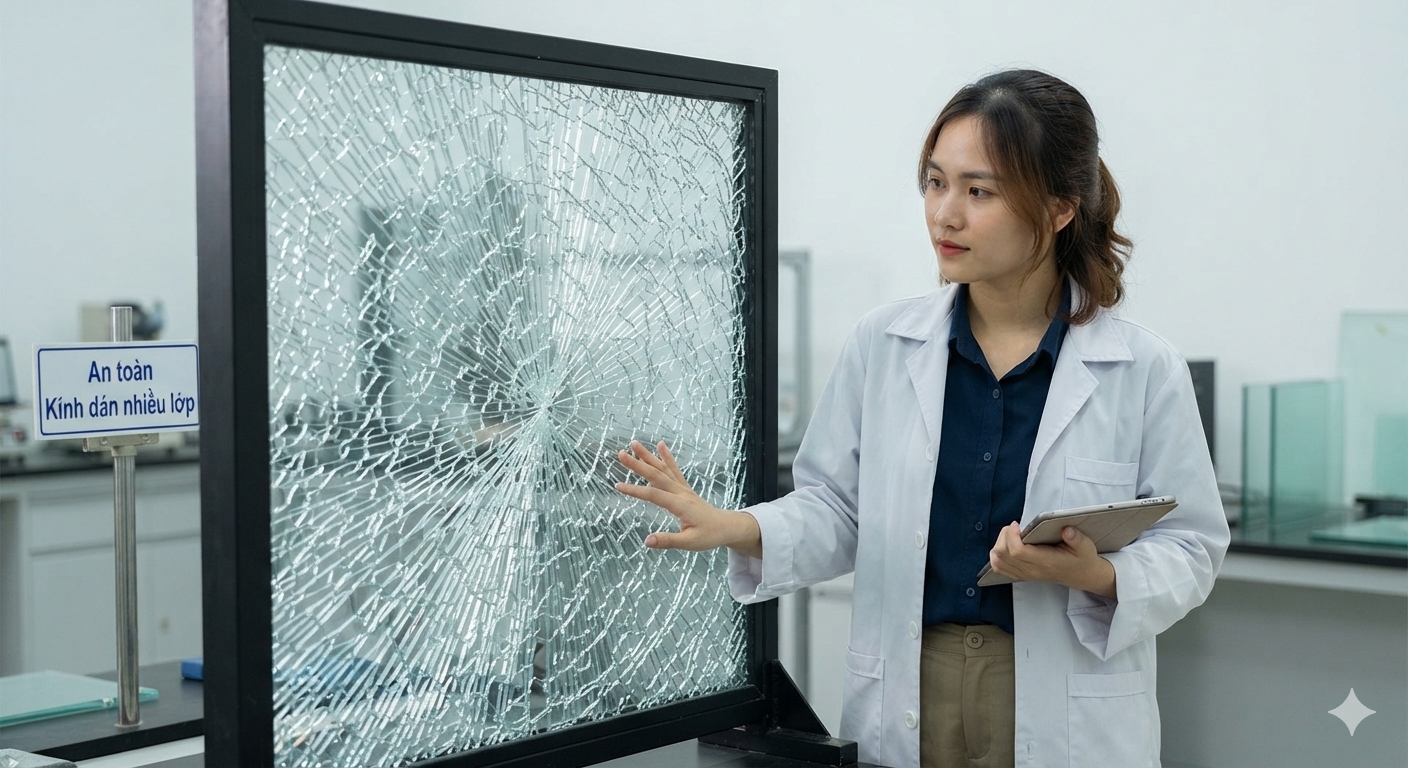 Mẫu kính dán an toàn được kiểm tra trong không gian trưng bày