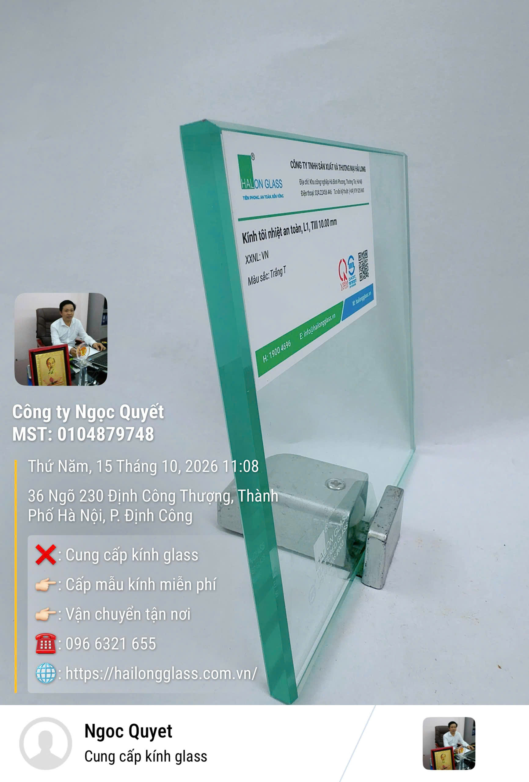 Tấm kính tôi nhiệt an toàn Hải Long Glass dày 10 mm, màu trắng trong suốt