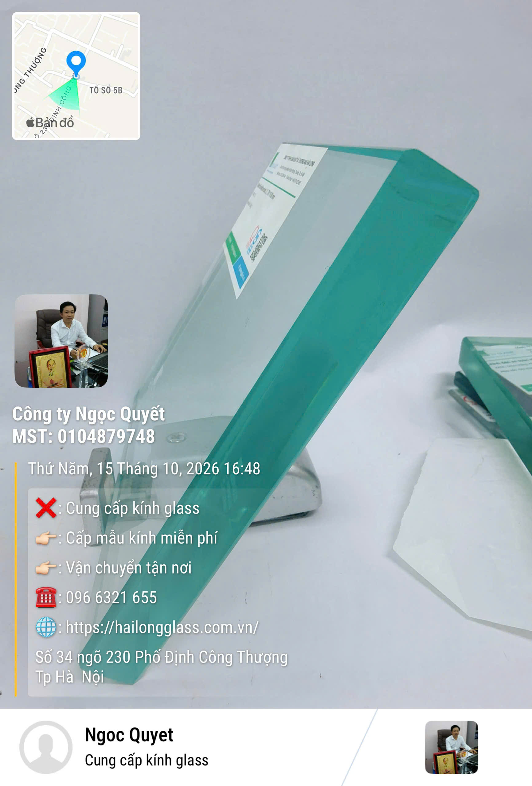 Mẫu kính tôi nhiệt dày 19 mm được chụp cùng thông tin liên hệ và địa điểm