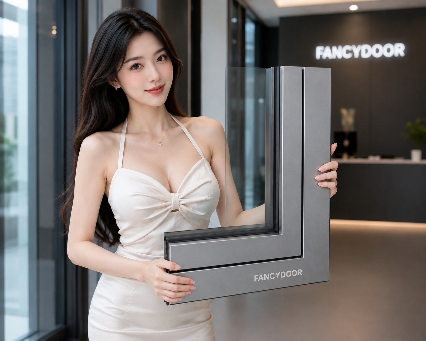 Cửa nhôm kính FANCYDOOR cao cấp trưng bày trong showroom, nhân viên nữ cầm mẫu khung cửa chữ L