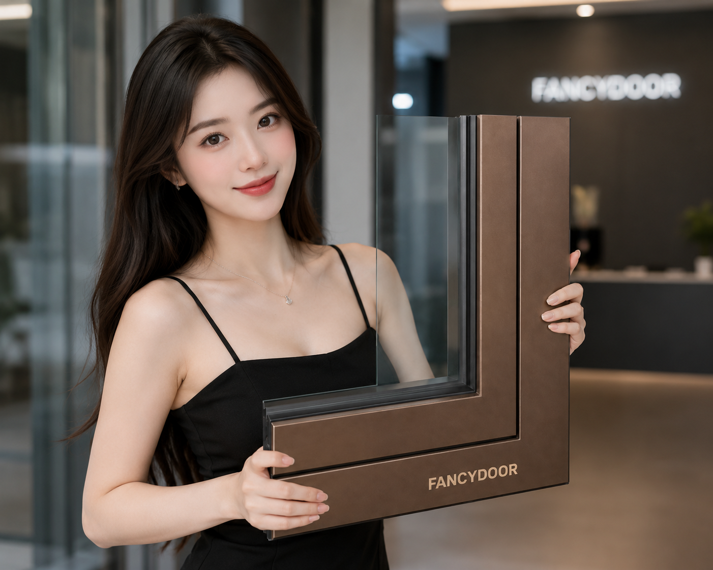 Cô gái cầm mẫu khung cửa kính nhôm màu nâu thương hiệu FANCYDOOR trong showroom